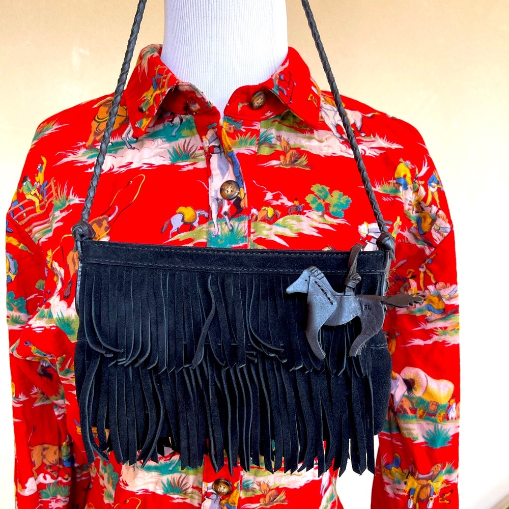 RALPH LAUREN Black Suede Fringed Bag w/Horse Charm